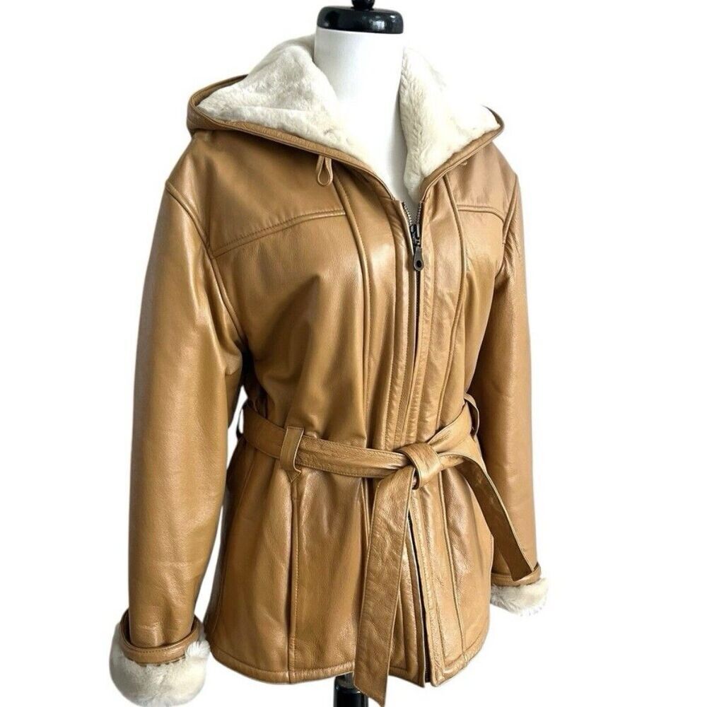 vintage Wilsons Leather Faur Fur Lined Belted Jacket Size S Hooded